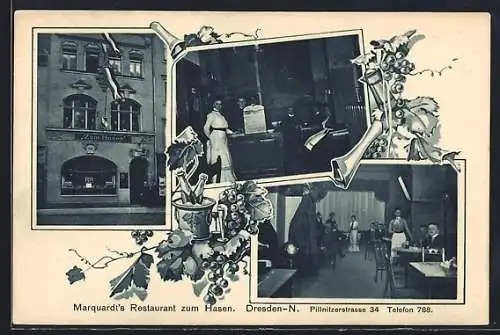 AK Dresden, Marquardt`s Restaurant zum Hasen, Pillnitzerstrasse 34, Innenansichten