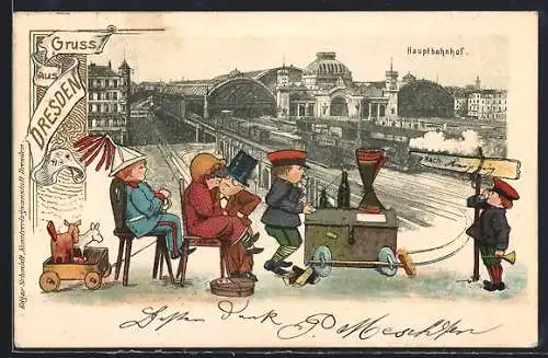 Grusskarten-AK Dresden, Hauptbahnhof, Passepartout mit spielenden Kindern