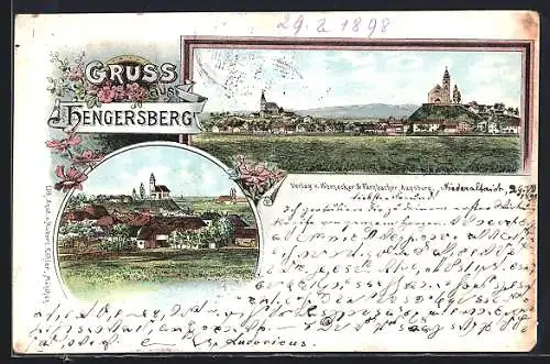 Lithographie Hengersberg / Niederbayern, Ortsansicht mit Blick zur Kirche