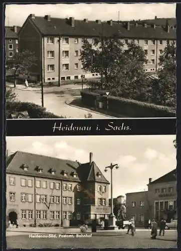 AK Heidenau i. Sachs., Postamt und Bahnhof mit Café
