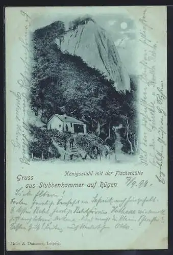 Mondschein-AK Stubbenkammer a. Rügen, Königsstuhl mit der Fischerhütte