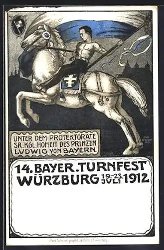 Künstler-AK Würzburg, 14. Bayer. Turnfest 1912, Turner auf Pferd, Ganzsache Bayern