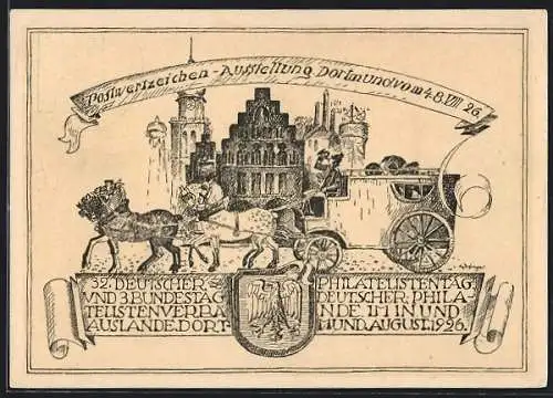 Künstler-AK Dortmund, Postwertzeichen-Ausstellung 1926, Postkutsche, Ganzsache