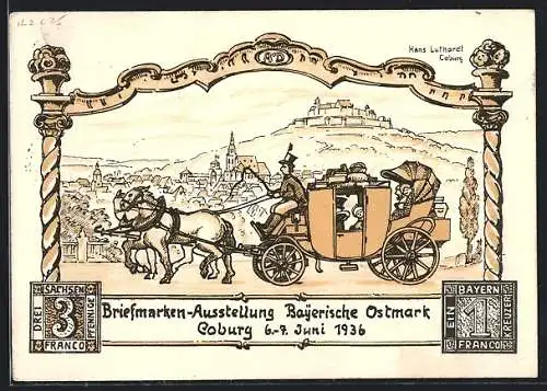 Künstler-AK Coburg, Briefmarken-Ausstellung Bayerische Ostmark 1936, Postkutsche, Ganzsache