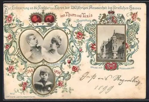 AK Regensburg, Fürst Albert von Thurn & Taxis, Fürstin Margaretha, Erbprinz Franz Joseph, Ganzsache Bayern