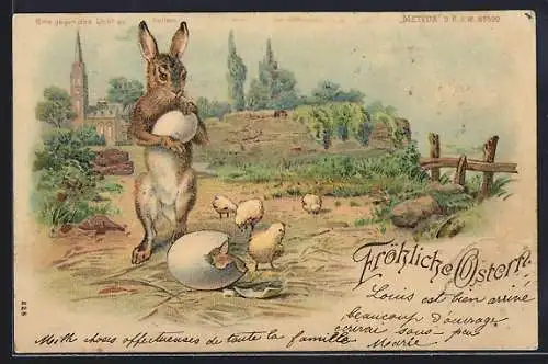 Lithographie Osterhase mit Küken, Osterengel, Halt gegen das Licht