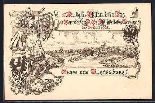 Lithographie Regensburg, 17. Deutscher Philatelisten-Tag 21.-24.07.1905, Panorama, Ganzsache Bayern