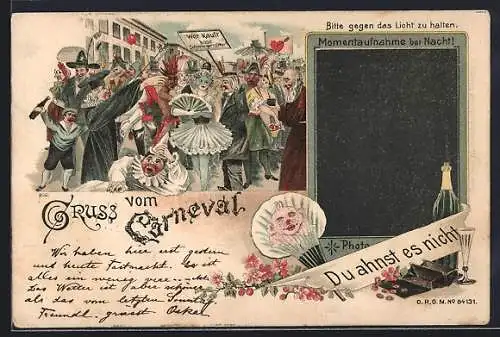 Lithographie Narren feiern Karneval, Paar beim Kuss, Halt gegen das Licht