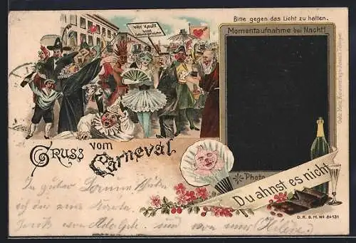 Lithographie Narren feiern Karneval, Paar beim Kuss, Halt gegen das Licht