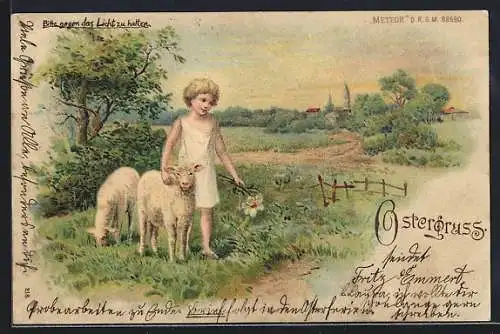 Lithographie Ostergruss, Christkind mit Schafen, Leuchtender Heiligenschein bei Halt gegen das Licht