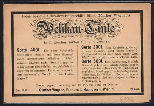 AK Reklame für Günther Wagner`s Pelikan-Tinte, Ganzsache