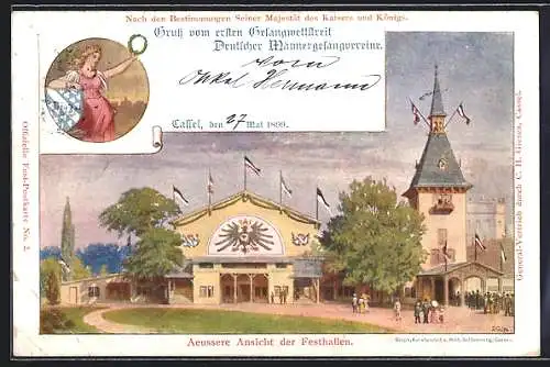 Künstler-AK Cassel, Gesangwettstreit Deutscher Männergesangvereine 1899, Festhalle, Ganzsache