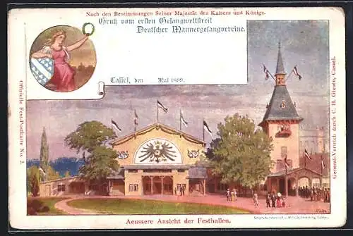 Künstler-AK Kassel, Erster Gesangswettstreit Deutscher Männergesangvereine 1899, Festhalle, Ganzsache