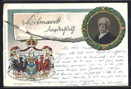 Künstler-AK Portrait von Bismarck, Wappen und Schreibfeder, Ganzsache