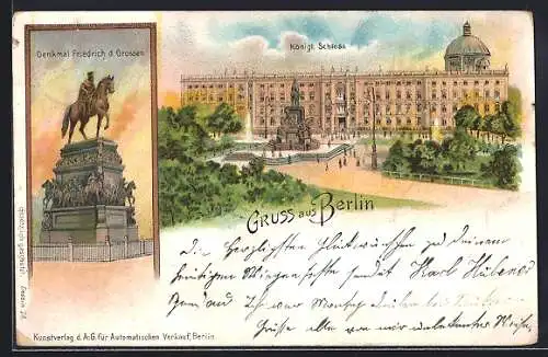 Lithographie Berlin, Blick zum Schloss & Denkmal Friedrich d. Grossen, Ganzsache