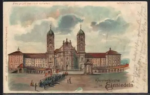 Lithographie Einsiedeln, Klosterkirche mit Prozession, Gnadenbild darüber, Halt gegen das Licht
