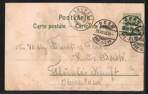 AK Bern, Zeitglockenturm und Bärenbrunnen, Halt gegen das Licht