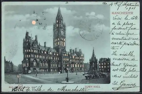 AK Manchester, Town Hall, Halt gegen das Licht