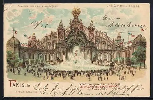 Lithographie Paris, Exposition Universelle de 1900, Palais de l`Électricité, Halt gegen das Licht, Ausstellung