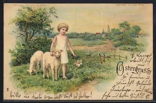 Lithographie Ostergruss, Christkind mit Schafen, Leuchtender Heiligenschein bei Halt gegen das Licht