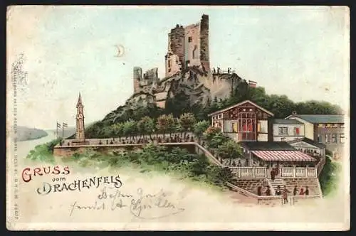 Lithographie Burgruine Drachenfels, leuchtende Fenster und Mond, Halt gegen das Licht