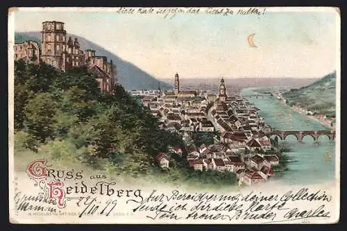 Lithographie Heidelberg, Ortsansicht mit Schloss, Fluss und Brücke, Halt gegen das Licht