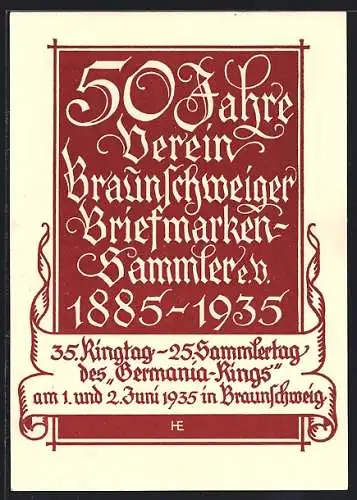AK Braunschweig, 50 Jahre Verein der Briefmarkensammler 1885-1935, Ganzsache
