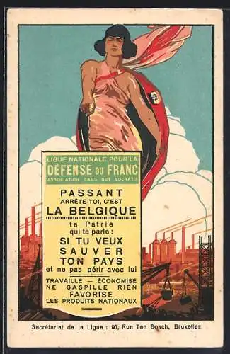Künstler-AK Ligue Nationale pour la Défense du Franc, Passant arrete-toi, c`est la Belgique, Geld