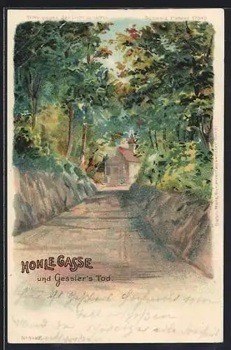 Lithographie Küssnacht, Hohle Gasse, Gesslers Tod, Halt gegen das Licht
