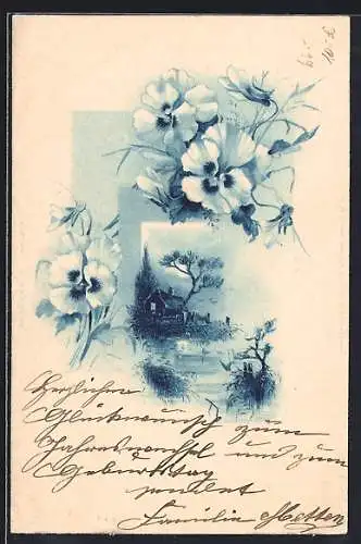 AK Stiefmütterchen und idyllische Landschaft, Private Stadtpost