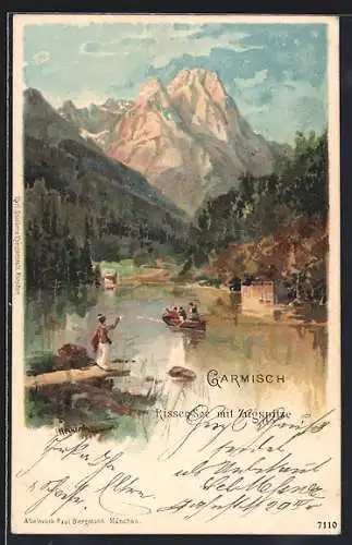 Künstler-AK Karl Heinisch: Garmisch, Risser-See gegen die Berge, Private Stadtpost