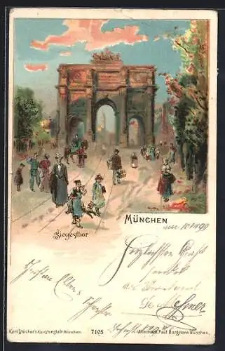 Künstler-AK München, Strassenpartie am Siegesthor, Private Stadtpost