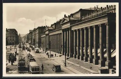 AK Stuttgart, Königsbau mit Autos und Strassenbahnen
