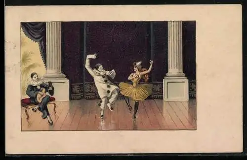 Künstler-AK Harlekin tanzt mit Frau, anderer spielt Gitarre