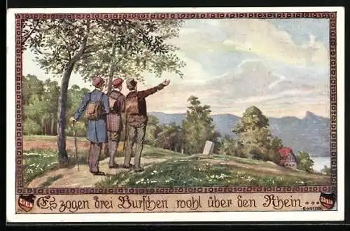 Künstler-AK Ernst Kutzer: Es zogen drei Burschen wohl über den Rhein, Wanderer am Rheinufer