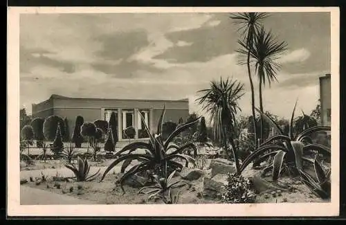 AK Essen, Grosse Ruhrländische Gartenbau-Ausstellung 1929, Subtropischer Garten mit Römischem Haus