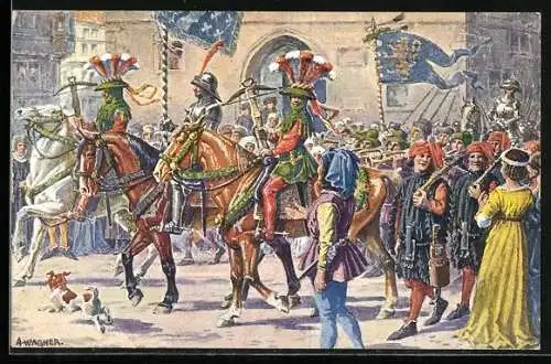 AK Kassel, Tausendjahrfeier 1913, Festlicher Aufzug der Kasseler Bürgerschützen vor dem alten Rathaus im Jahr 1413