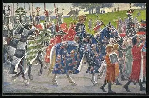 Künstler-AK Kassel, Tausendjahrfeier, Langraf Heinrich I. von Hessen reitet zu Turnier, 1300