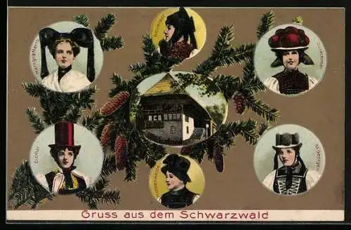 AK Schwarzwälder Tracht, Trachten aus Gutachthal, St. Georgen, Hotzenwald uvm., Hausansicht