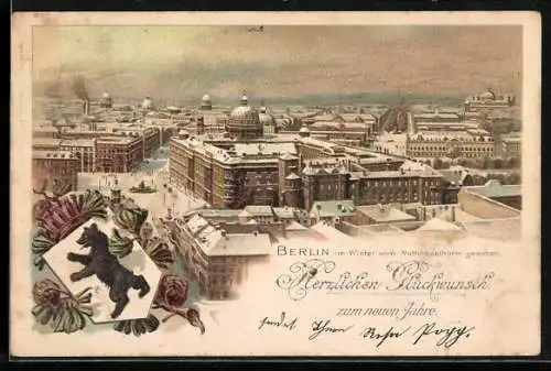 Winter-Lithographie Berlin, Panoramablick vom Rathausturm, Wappen