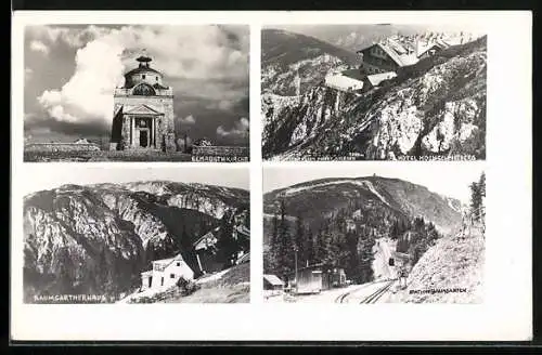 AK Puchberg am Schneeberg, Elisabethkirche, Hotel Hochschneeberg, Station Baumgarten, Baumgartnerhaus