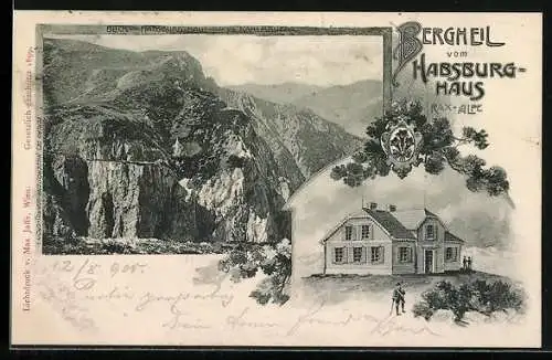 Lithographie Habsburg-Haus, Berghütte, Rax-Alpe, Blick vom Habsberg-Haus gegen die Kahlmauer