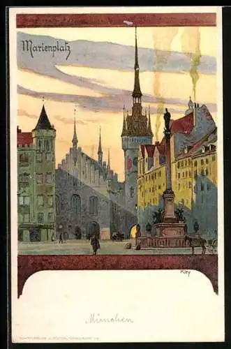 Künstler-AK Heinrich Kley: München, Marienplatz in der Dämmerung