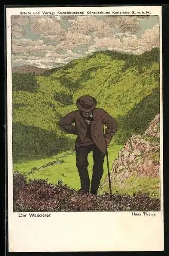 Künstler-AK Hans Thoma: Der Wanderer, Mann in den Bergen