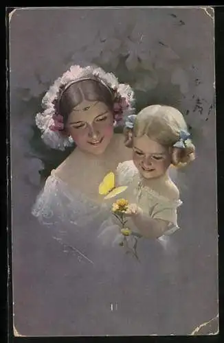 Künstler-AK Ludwig Knoefel: Junge Frau und Mädchen mit Schmetterling