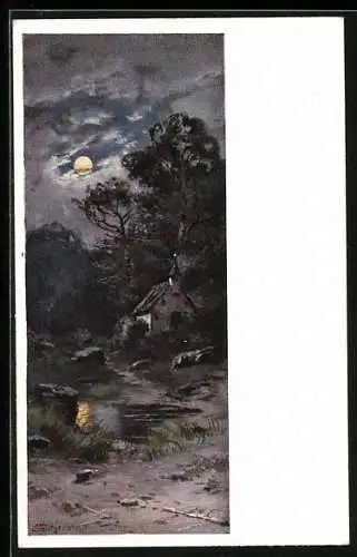 Künstler-AK August Splitgerber: Kirche an einem Bach im Mondschein