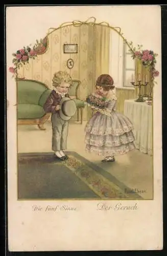 Künstler-AK Pauli Ebner: Die fünf Sinne, Der Geruch, Dame riecht am Blumenstrauss