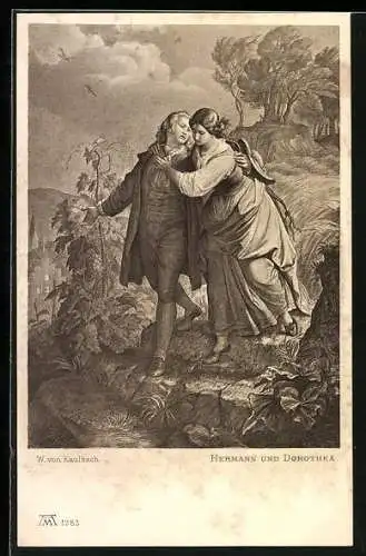 AK Goethes Hermann und Dorothea in Umarmung eine Treppe heruntersteigend