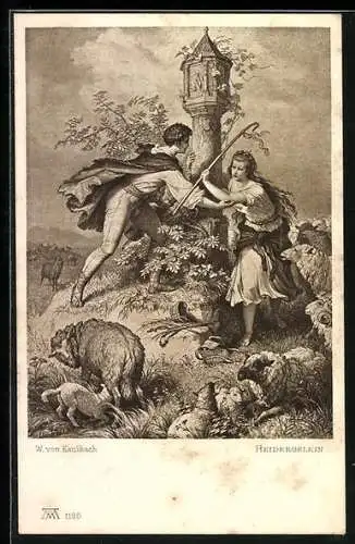AK Heideröslein, Paar, Schafe, Goethe