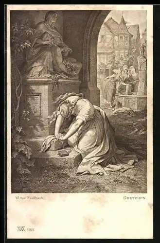 AK Gretchen weint an einem Denkmal, Goethe